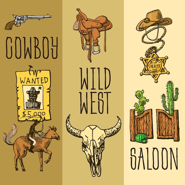 Hermoso conjunto dibujado a mano de ilustración salvaje oeste Vaquero de estilo de dibujos animados