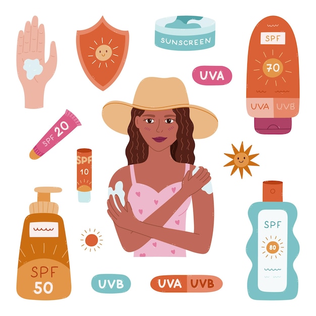Un hermoso conjunto de dibujos animados sobre protección solar Una joven dibujada a mano aplicando crema y spray de loción solar con lápiz labial SPF Colección de cliparts de moda para la prevención de quemaduras solares aisladas en blanco