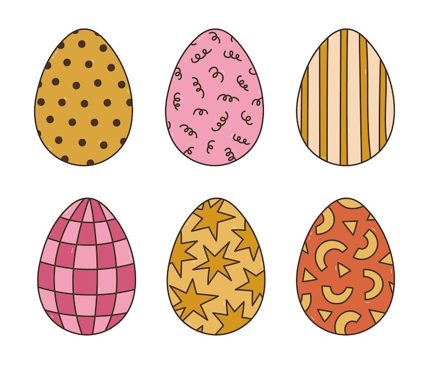 Un hermoso conjunto de dibujos coloridos de huevo de Pascua pintado con un remolino de puntos y estrellas adornadas con rayas a cuadros