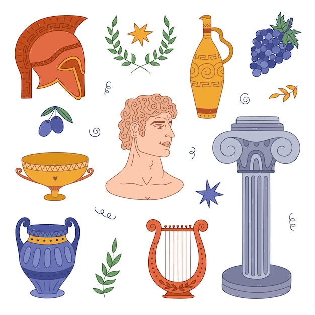 Un hermoso conjunto de dibujos coloridos de símbolos de la Grecia medieval escultura pilar jarras casco espartano arpa