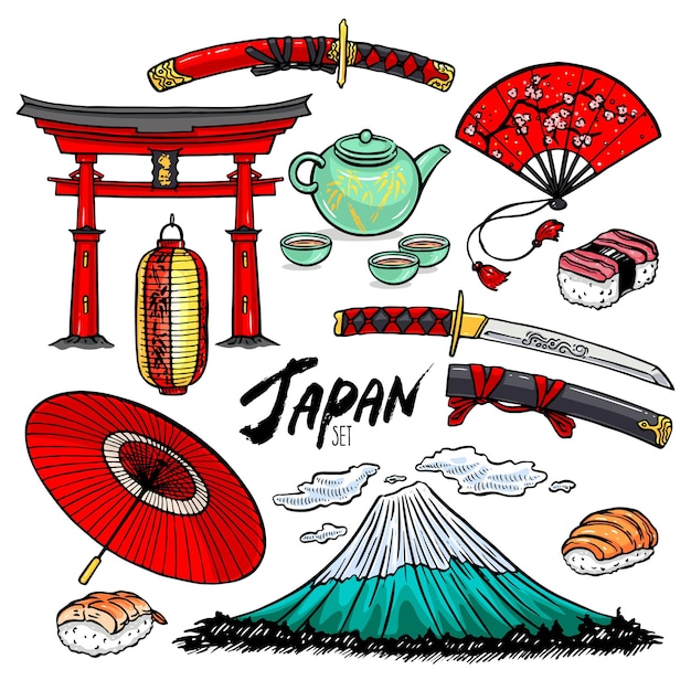 Hermoso conjunto de diferentes símbolos japoneses. ilustración dibujada a mano