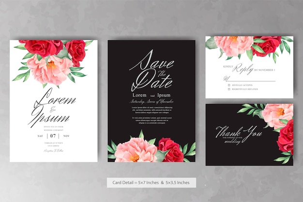 Vector hermoso conjunto de invitación de boda floral acuarela con peonía y hojas dibujadas a mano