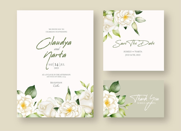 Vector hermoso conjunto de invitación de boda floral blanco