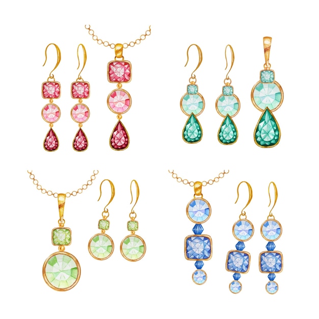 Hermoso conjunto de joyas. Cuadrado de cristal rojo, verde, azul, cuentas de piedras preciosas redondas con elemento dorado. Colgante dorado dibujo acuarela en cadena y pendientes