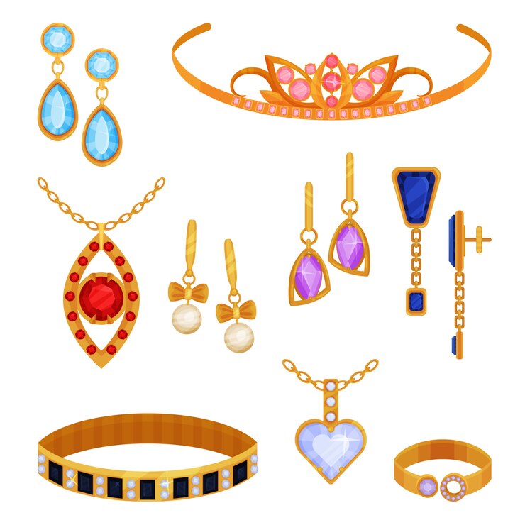 Vector hermoso conjunto de joyas de oro de moda, tiara, collar, pulsera, cadena de oro, aretes, colgante, anillo ilustración sobre un fondo blanco