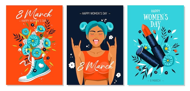 Hermoso conjunto moderno de tarjetas de felicitación para el 8 de marzo. día internacional de la mujer.