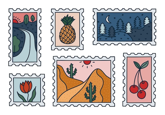 Un hermoso conjunto de sellos postales con un paisaje pintoresco tulipana de piña sello postal de viaje vintage