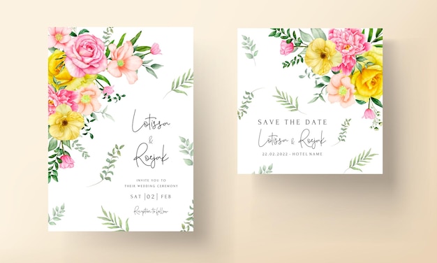 Hermoso conjunto de tarjetas de invitación de boda de acuarela floral dibujada a mano