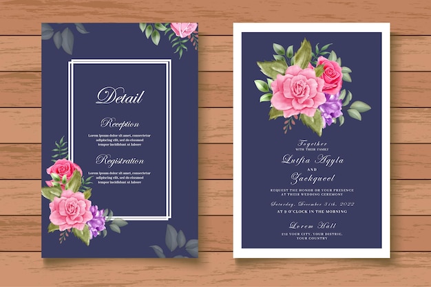 Hermoso conjunto de tarjetas de invitación de boda floral acuarela