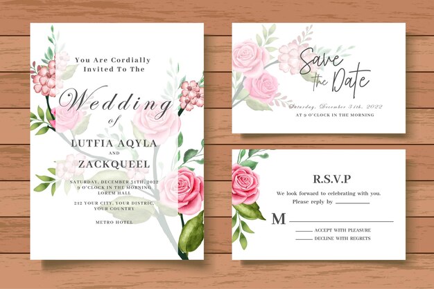 Hermoso conjunto de tarjetas de invitación de boda floral acuarela