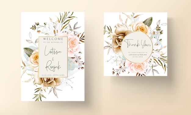Hermoso conjunto de tarjetas de invitación de boda de flores dibujadas a mano