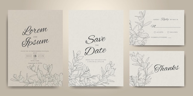 Hermoso conjunto de tarjetas de invitación de boda Lineart dibujado a mano