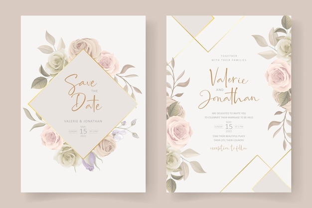 Vector hermoso conjunto de tarjetas de invitación de boda con rosas dibujadas a mano