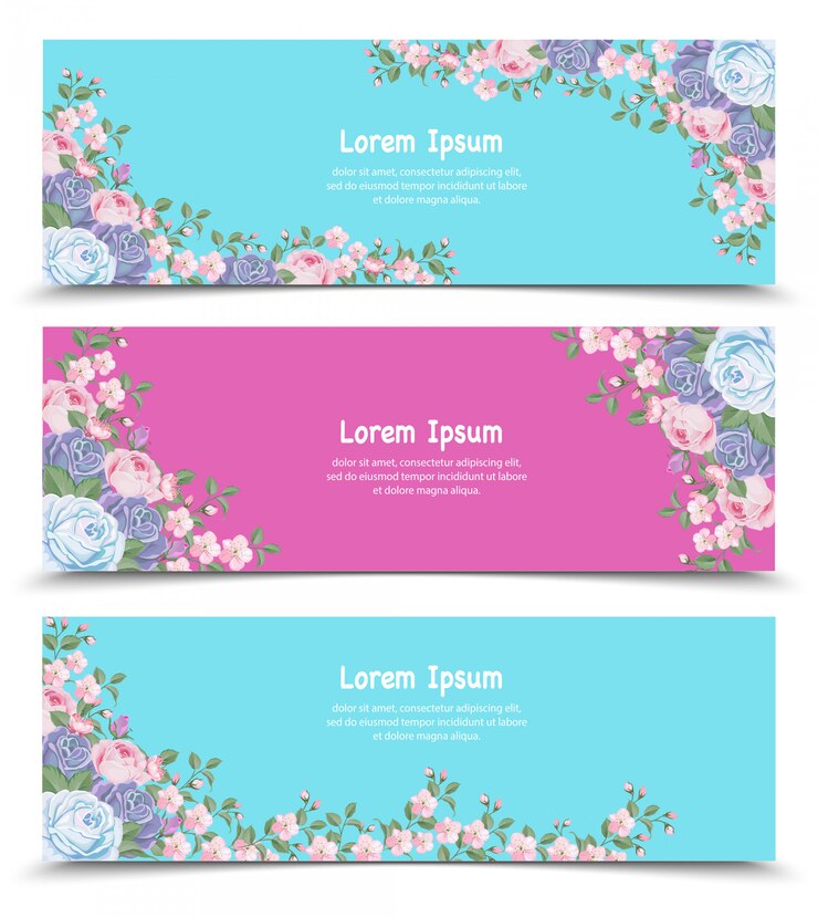 Hermoso conjunto de tres banner floral y plantilla de hojas