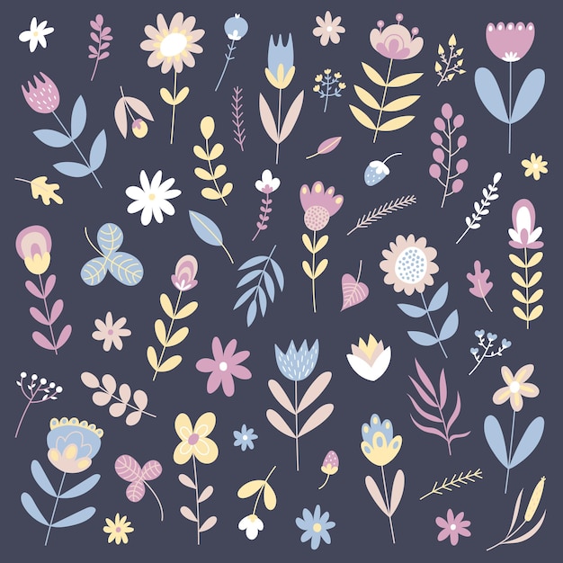 hermoso conjunto vectorial de elementos y objetos florales plantas de flores ramas y hojas