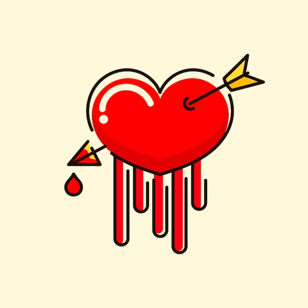 Hermoso corazón dibujado a mano con flecha y sangre ilustración vectorial