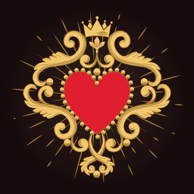 Vector hermoso corazón rojo ornamental con corona sobre fondo negro.