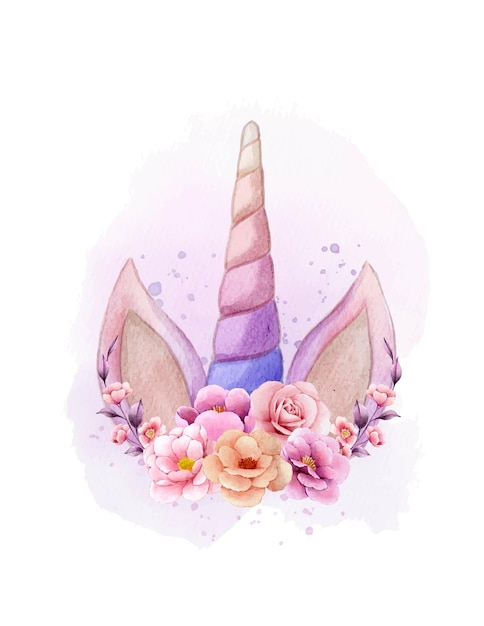 hermoso cuerno de unicornio con flor ilustración acuarela