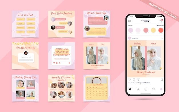 Hermoso cuidado de la piel y colorido fondo de forma orgánica para el conjunto de publicaciones de carrusel de redes sociales de insta