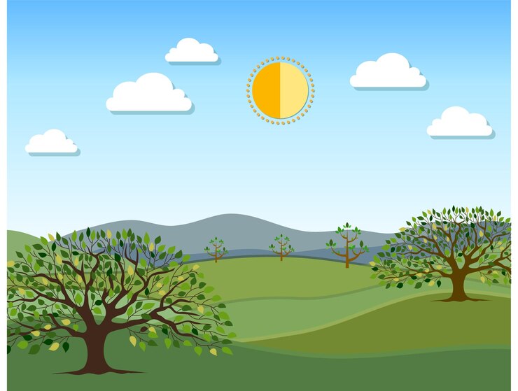 Un hermoso día soleado en el campo con colinas árboles y nubes