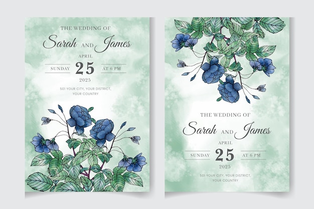 Hermoso dibujo a mano acuarela plantilla de tarjeta de invitación de boda y diseño floral