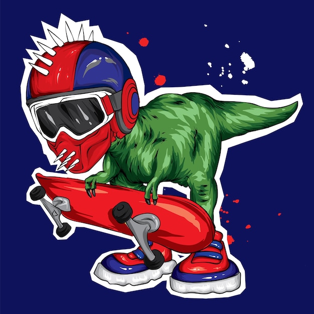 Un hermoso dinosaurio con casco y patineta.