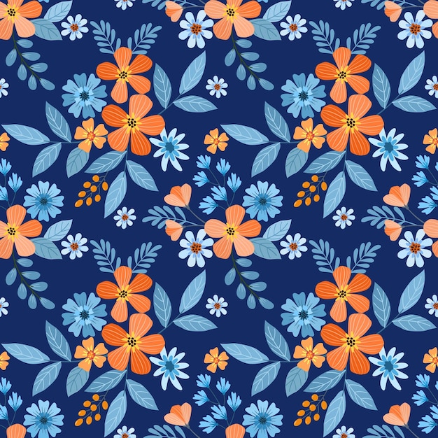 Vector hermoso diseño de flores florecientes en un patrón sin costuras de fondo de color azul puede usarse para papel tapiz textil de tela