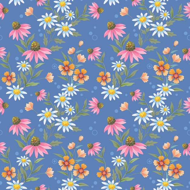 Hermoso diseño de flores florecientes en un patrón sin costuras de fondo de color azul Puede usarse para papel tapiz textil de tela