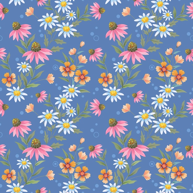 Vector hermoso diseño de flores florecientes en un patrón sin costuras de fondo de color azul puede usarse para papel tapiz textil de tela