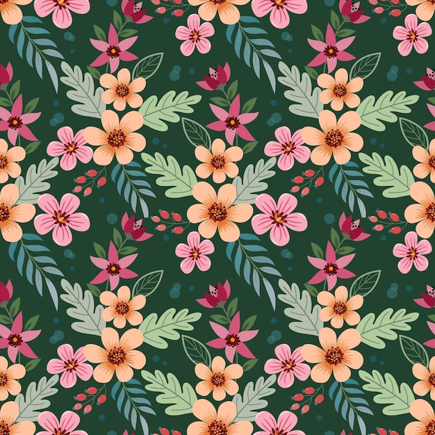 Hermoso diseño de flores florecientes en un patrón sin costuras de fondo de color verde puede usarse para papel tapiz textil de tela