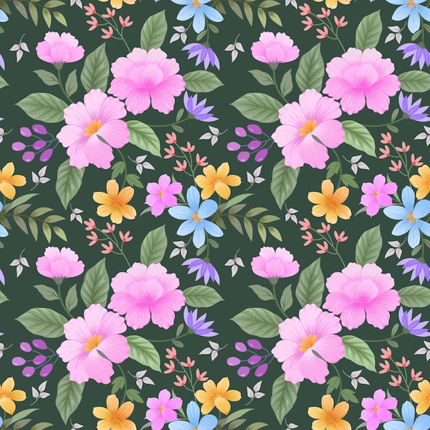 Hermoso diseño de flores florecientes en un patrón sin costuras de fondo de color verde Puede usarse para papel tapiz textil de tela