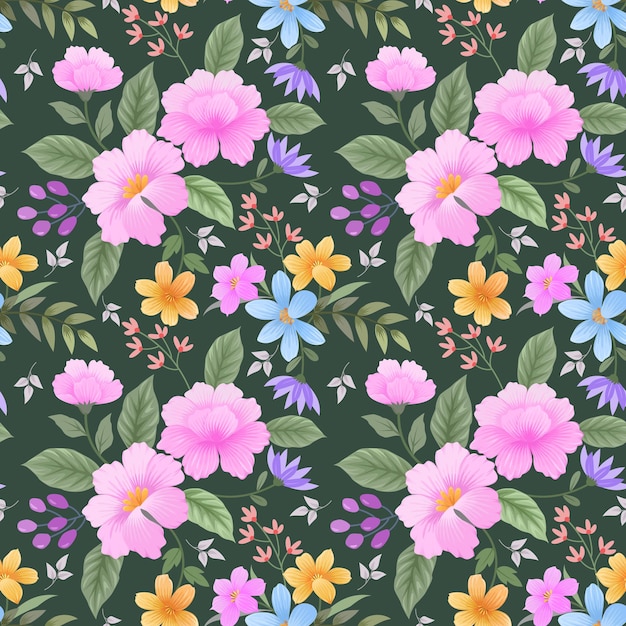 Vector hermoso diseño de flores florecientes en un patrón sin costuras de fondo de color verde puede usarse para papel tapiz textil de tela