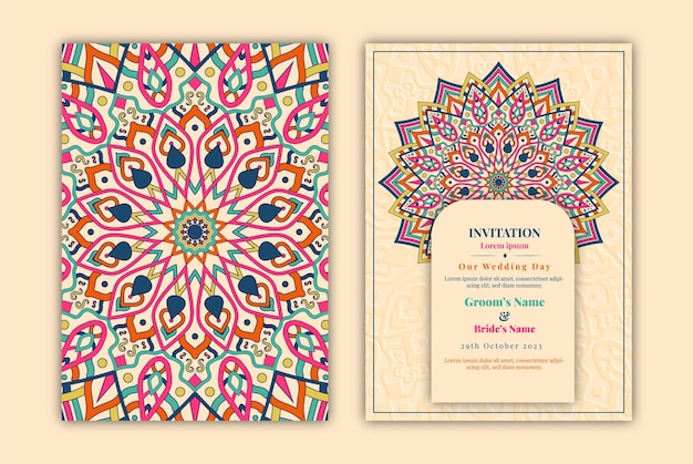 Hermoso diseño de invitación de boda creado con mandala colorido