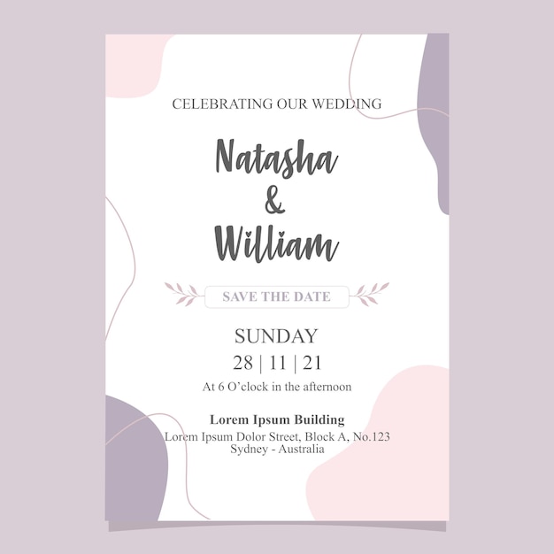 Hermoso diseño de invitación de boda minimalista simple en plantilla de fondo de color rosa y púrpura