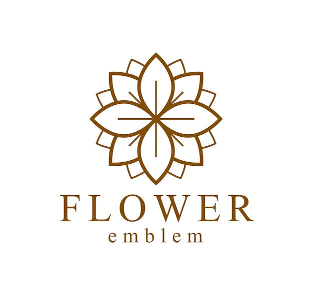 Hermoso diseño lineal vectorial del logotipo de la flor geométrica aislado en blanco, emblema o símbolo de dibujo lineal de geometría sagrada, floreciente hotel de flores o boutique o logotipo de joyería.
