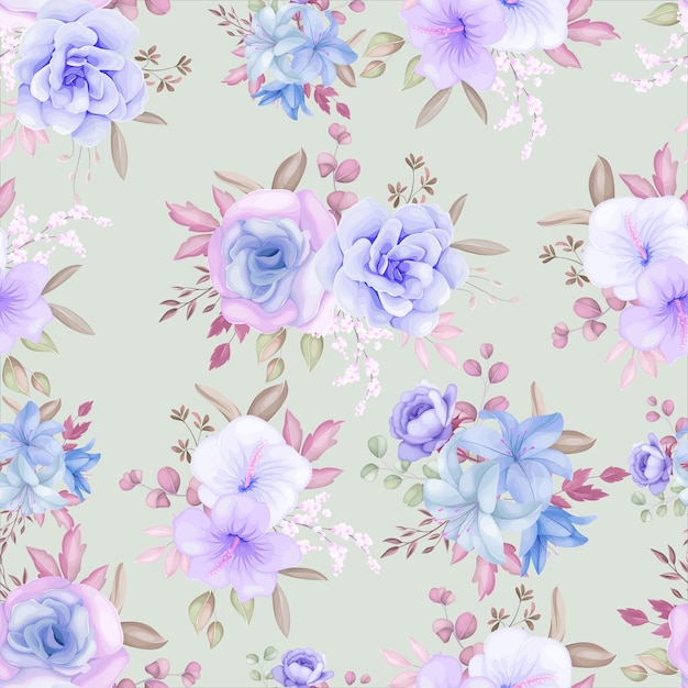 Hermoso diseño de patrones sin fisuras florales y hojas de color púrpura y azul