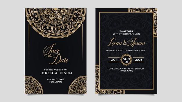 Hermoso diseño de plantilla de invitación de boda de flor de mandala de lujo dorado
