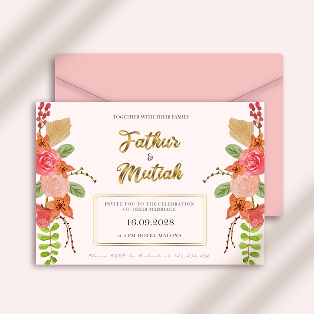 un hermoso diseño de plantilla de invitación de boda de flor rosa