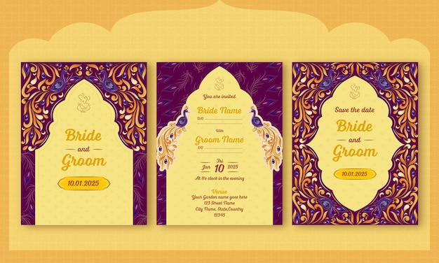 Hermoso diseño de plantillas de tarjetas de boda indias con pavo real en color amarillo y morado