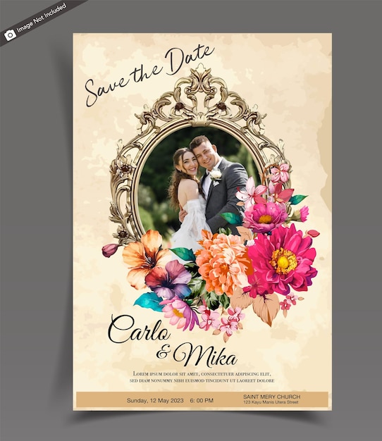 Hermoso diseño de portada de tarjeta de marco antiguo de invitación de boda romántica