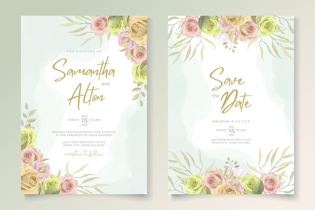 Hermoso diseño de tarjeta de boda floral y hojas.