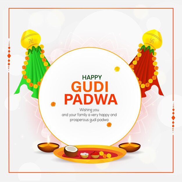 Hermoso diseño de tarjeta de felicitación de vector tradicional blanco para el festival de primavera Happy Gudi Padwa Año Nuevo Lunar