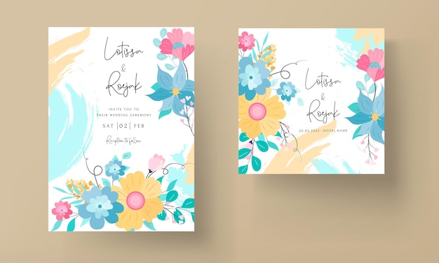 Hermoso diseño de tarjeta de invitación de boda floral plana dulce con color pastel