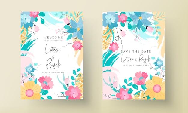 Vector hermoso diseño de tarjeta de invitación de boda floral plana dulce con color pastel