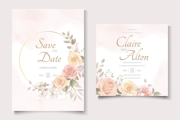 Hermoso diseño de tarjeta de invitación de boda floral suave y hojas