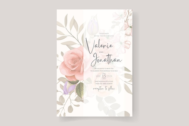 Hermoso diseño de tarjeta de invitación de boda floral suave y hojas