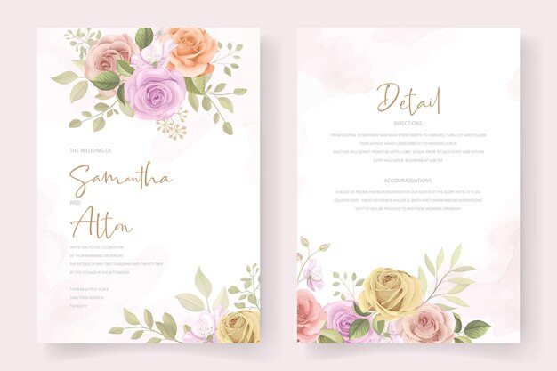 Hermoso diseño de tarjeta de invitación de boda floral suave y hojas