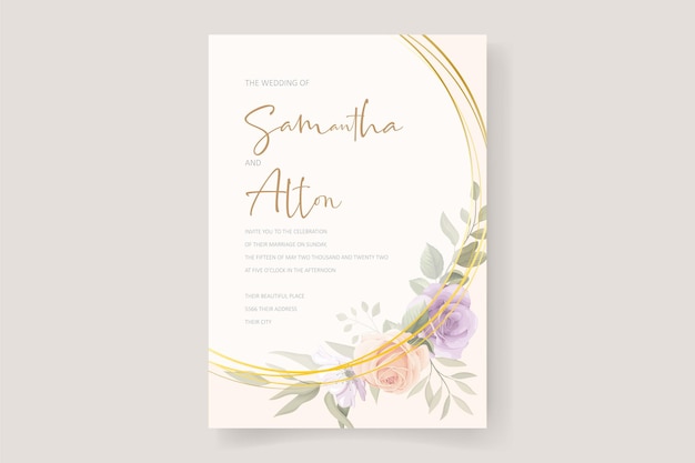 Hermoso diseño de tarjeta de invitación de boda floral suave y hojas