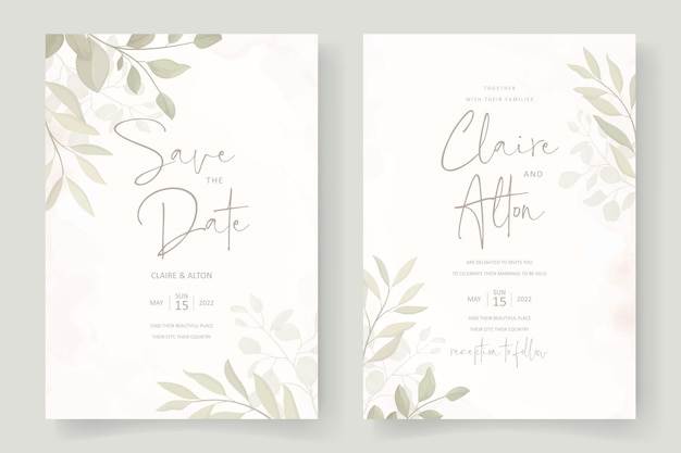 Hermoso diseño de tarjeta de invitación de boda floral suave y hojas