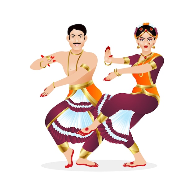 Vector hermoso diseño vectorial de pareja interpretando danza folclórica nacional india bharatanatyam